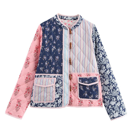 Women's Puffer Quilted Jacket Lightweight Floral Printed Open Front Cropped Coat Outwear