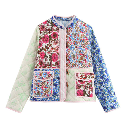 Women's Puffer Quilted Jacket Lightweight Floral Printed Open Front Cropped Coat Outwear