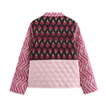 Women's Puffer Quilted Jacket Lightweight Floral Printed Open Front Cropped Coat Outwear