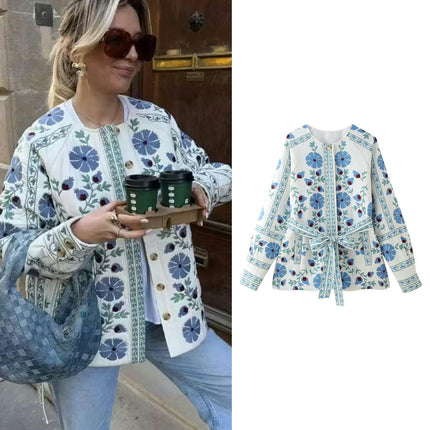Womens Puffer Jackets Floral Print Lightweight Winter Coats Outerwear with Belt