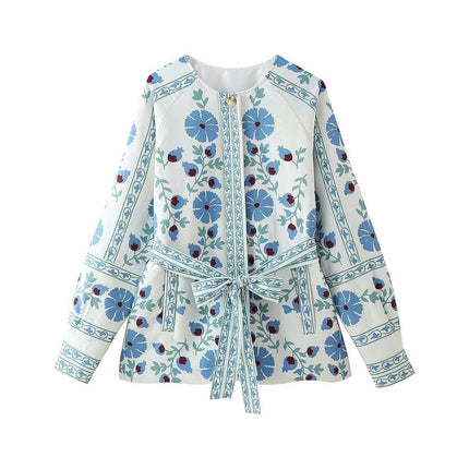 Womens Puffer Jackets Floral Print Lightweight Winter Coats Outerwear with Belt