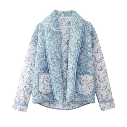 Women's Floral Quilted Cardigan Lightweight Printed Open Front Cropped Puffer Jacket Coat