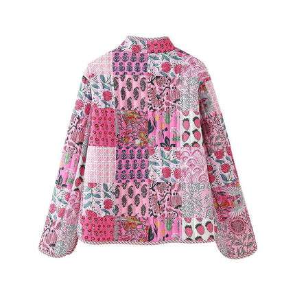 Women Floral Printed Quilted Jacket Colorblock Lightweight Puffer Coat Outwear