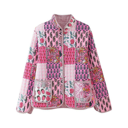 Women Floral Printed Quilted Jacket Colorblock Lightweight Puffer Coat Outwear