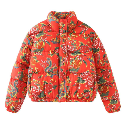 Womens Floral Printed Quilted Jacket Long Sleeve Stand Collar Zipper Cropped Puffer Coat