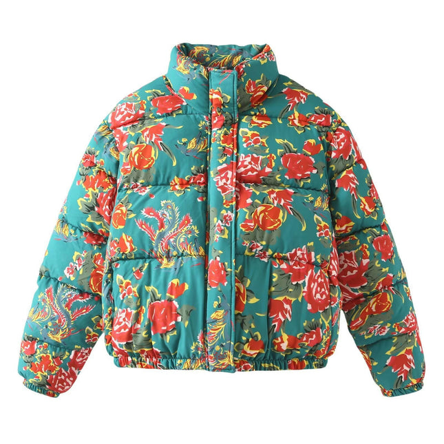 Womens Floral Printed Quilted Jacket Long Sleeve Stand Collar Zipper Cropped Puffer Coat