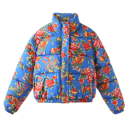 Womens Floral Printed Quilted Jacket Long Sleeve Stand Collar Zipper Cropped Puffer Coat