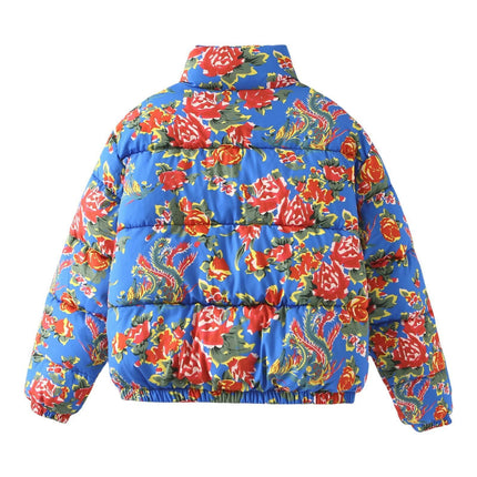 Womens Floral Printed Quilted Jacket Long Sleeve Stand Collar Zipper Cropped Puffer Coat