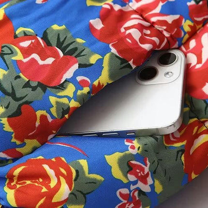 Womens Floral Printed Quilted Jacket Long Sleeve Stand Collar Zipper Cropped Puffer Coat