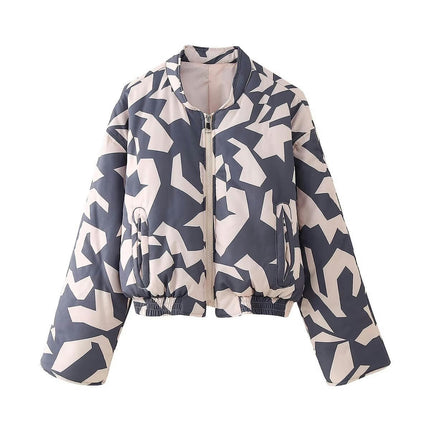 Women's Cropped Zip-Up Bomber Jackets Warm Floral Printed Long Sleeve Stand Neck Puffer Coats