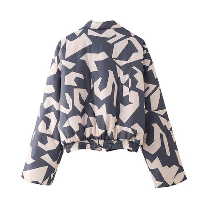 Women's Cropped Zip-Up Bomber Jackets Warm Floral Printed Long Sleeve Stand Neck Puffer Coats