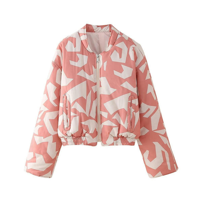 Women's Cropped Zip-Up Bomber Jackets Warm Floral Printed Long Sleeve Stand Neck Puffer Coats