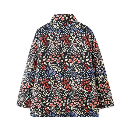 Women's Winter Cropped Puffer Jacket Floral Printed Short Zip-Up Warm Quilted Coat