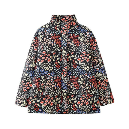 Women's Winter Cropped Puffer Jacket Floral Printed Short Zip-Up Warm Quilted Coat