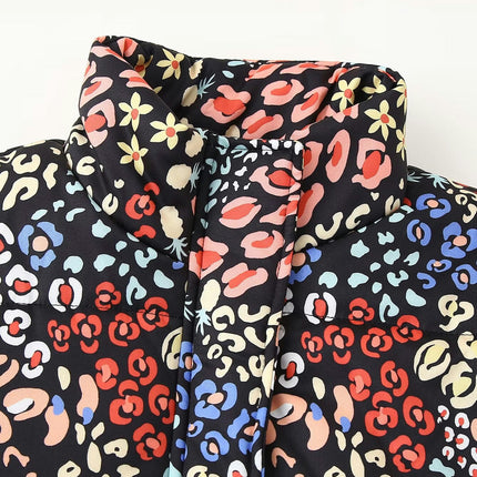 Women's Winter Cropped Puffer Jacket Floral Printed Short Zip-Up Warm Quilted Coat