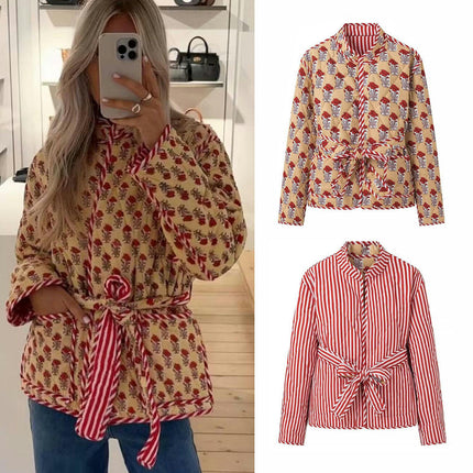 Womens Quilted Puffer Jacket Lightweight Floral Printed Coat Outerwear with Belt