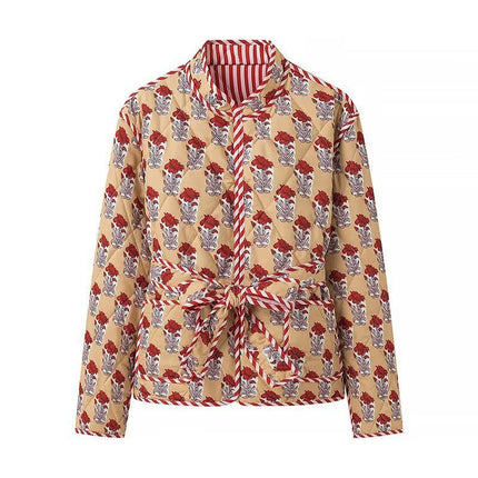 Womens Quilted Puffer Jacket Lightweight Floral Printed Coat Outerwear with Belt