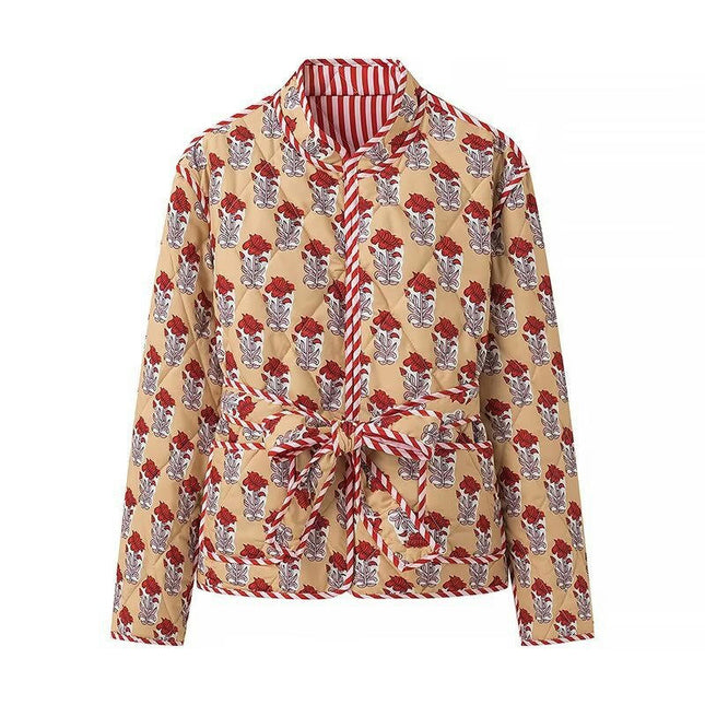 Womens Quilted Puffer Jacket Lightweight Floral Printed Coat Outerwear with Belt