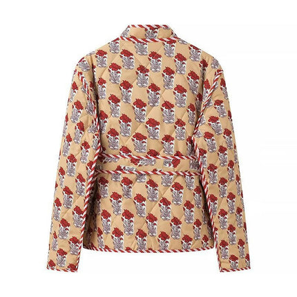 Womens Quilted Puffer Jacket Lightweight Floral Printed Coat Outerwear with Belt