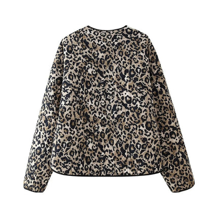Women's Cropped Quilted Jacket Lightweight Leopard Print Winter Puffer Coat