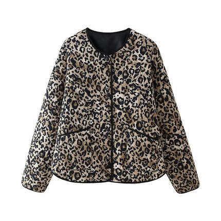 Women's Cropped Quilted Jacket Lightweight Leopard Print Winter Puffer Coat