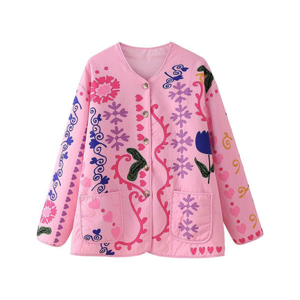 Women's Floral Print Lightweight Jacket Button Down Quilted Coat Puffer Winter Outerwear