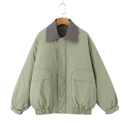 Women's Oversized Bomber Jacket Casual Turn-Down Collar Zip Up Long Sleeve Coat
