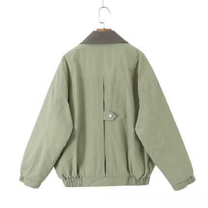 Women's Oversized Bomber Jacket Casual Turn-Down Collar Zip Up Long Sleeve Coat