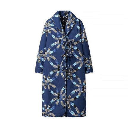 Women's Long Puffer Jackets Long Sleeve Winter Floral Print Coat Tie Front Outwear