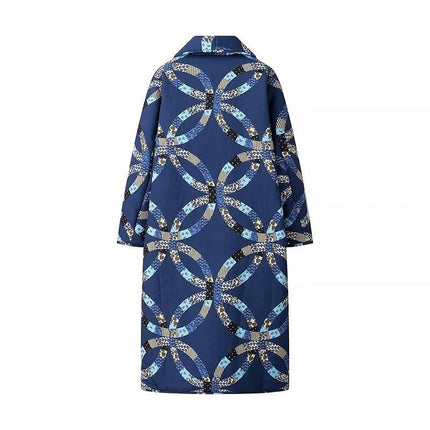Women's Long Puffer Jackets Long Sleeve Winter Floral Print Coat Tie Front Outwear
