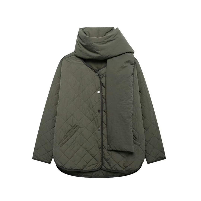 Women's Quilted Puffer Jacket Winter Long Sleeve Button Down Scarf Coats with Pockets