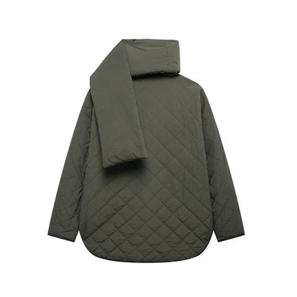 Women's Quilted Puffer Jacket Winter Long Sleeve Button Down Scarf Coats with Pockets