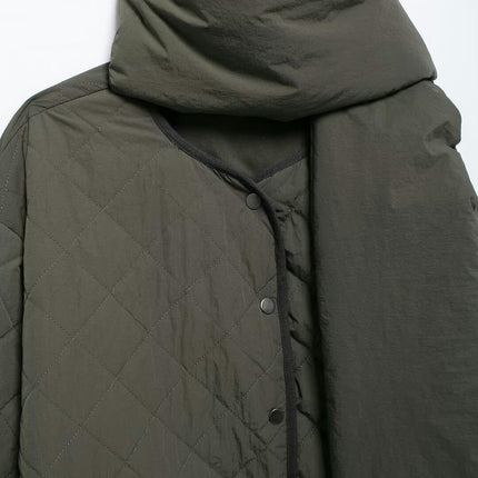 Women's Quilted Puffer Jacket Winter Long Sleeve Button Down Scarf Coats with Pockets