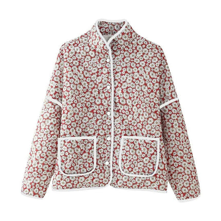 Women's Cropped Puffer Quilted Jacket Floral Printed Lightweight Coat Outerwear