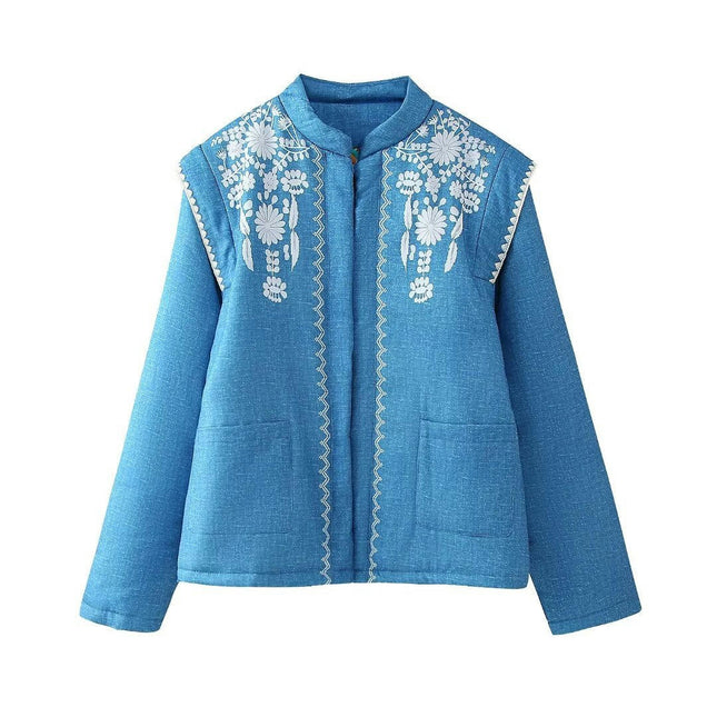 Women's Cropped Puffer Jacket Floral Print Padded Coat Button Down Outwear