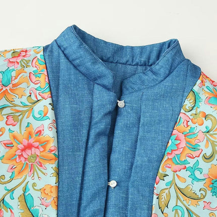 Women's Cropped Puffer Jacket Floral Print Padded Coat Button Down Outwear