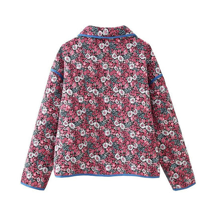 Women Lightweight Quilted Jacket Floral Print Cropped Puffer Coat Padded Button Up Winter Lapel Outwear