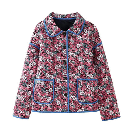 Women Lightweight Quilted Jacket Floral Print Cropped Puffer Coat Padded Button Up Winter Lapel Outwear
