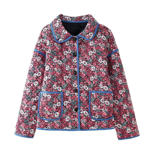 Women Lightweight Quilted Jacket Floral Print Cropped Puffer Coat Padded Button Up Winter Lapel Outwear