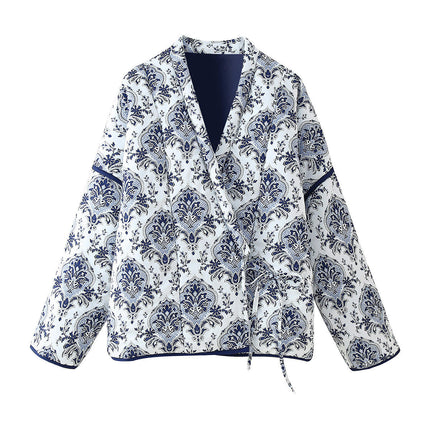 Women's Floral PrintQuilted Jacket Tie Open Front Lightweight Puffer Padded Coats