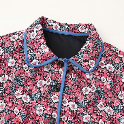 Women Lightweight Quilted Jacket Floral Print Cropped Puffer Coat Padded Button Up Winter Lapel Outwear