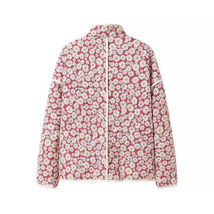 Women's Puffer Quilted Jacket Lightweight Long Sleeve Padded Floral Print Cardigan Outwear Coat