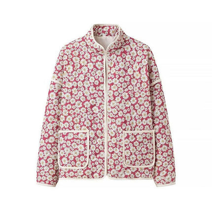 Women's Puffer Quilted Jacket Lightweight Long Sleeve Padded Floral Print Cardigan Outwear Coat