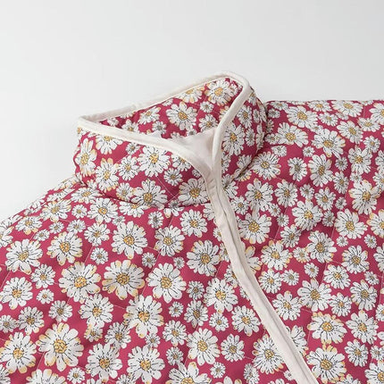 Women's Puffer Quilted Jacket Lightweight Long Sleeve Padded Floral Print Cardigan Outwear Coat