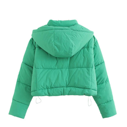 Women's Winter Cropped Puffer Jackets Zip Up Long Sleeve Coats with Hood