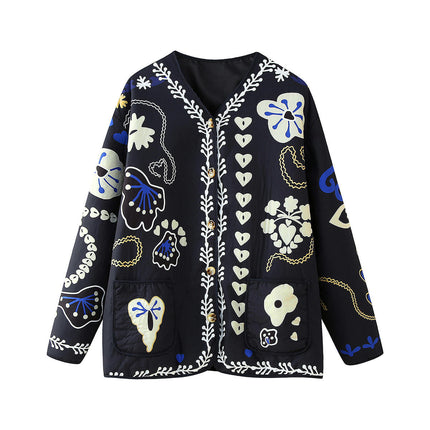 Womens Floral Quilted Jacket Short Front Open Print Long Sleeve Lightweight Coat