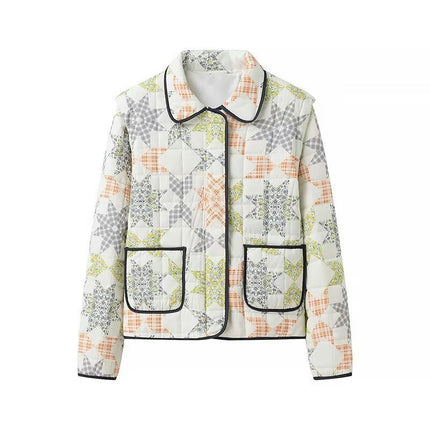 Women's Cropped Puffer Quilted Jacket Floral Print Zip Up Lapel Lightweight Short Outwear