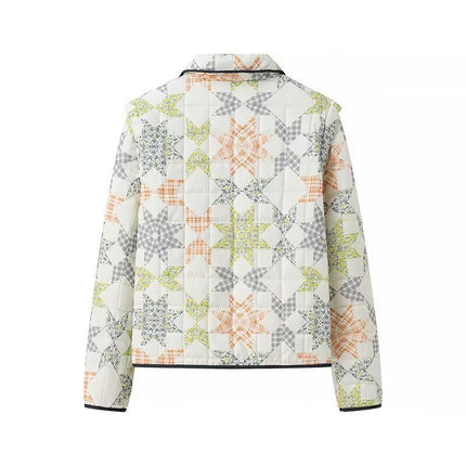 Women's Cropped Puffer Quilted Jacket Floral Print Zip Up Lapel Lightweight Short Outwear