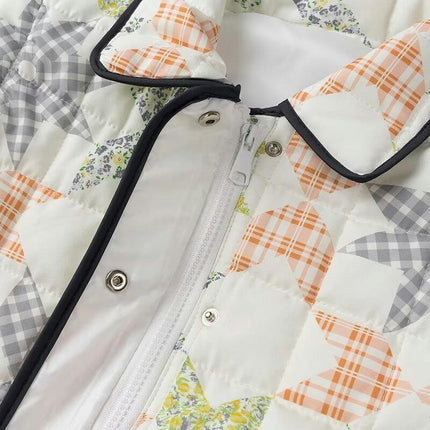 Women's Cropped Puffer Quilted Jacket Floral Print Zip Up Lapel Lightweight Short Outwear