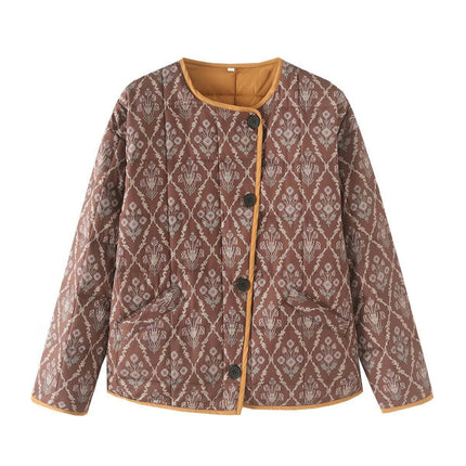 Women's Quilted Jacket Lightweight Floral Print Padded Coat Winter Button Down Outwear